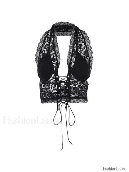 Tie Front Lace Halter Tank Top