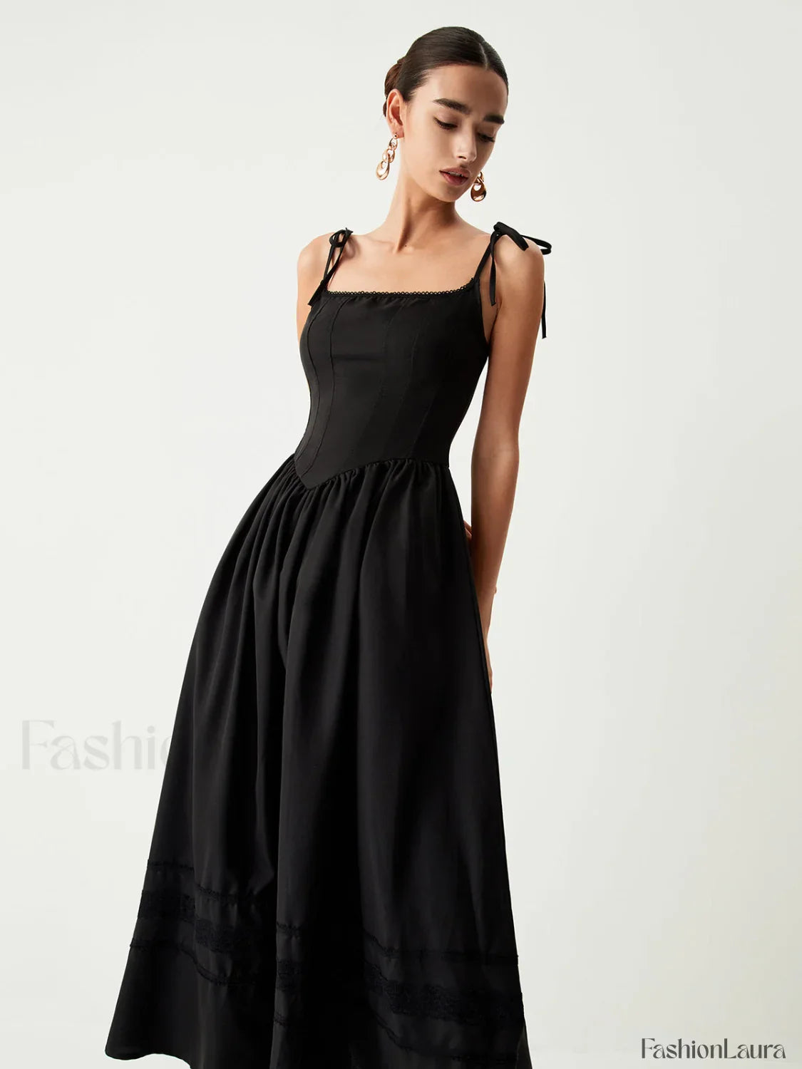 Tie Shoulder Graceful Pleated Midi Dress