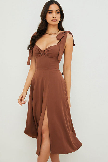 Tie-Shoulder Sweetheart Ruched Bust Corset Bodice High Slit Midi Dress