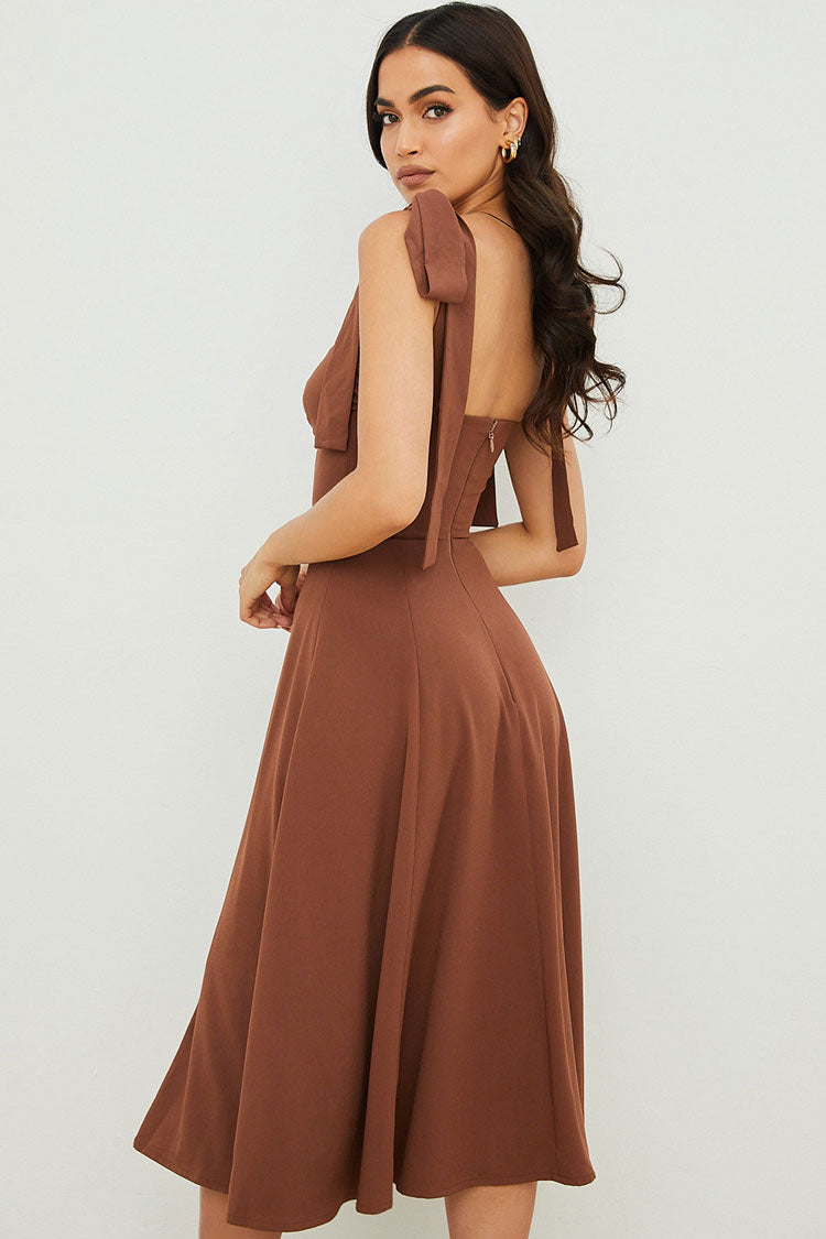 Tie-Shoulder Sweetheart Ruched Bust Corset Bodice High Slit Midi Dress