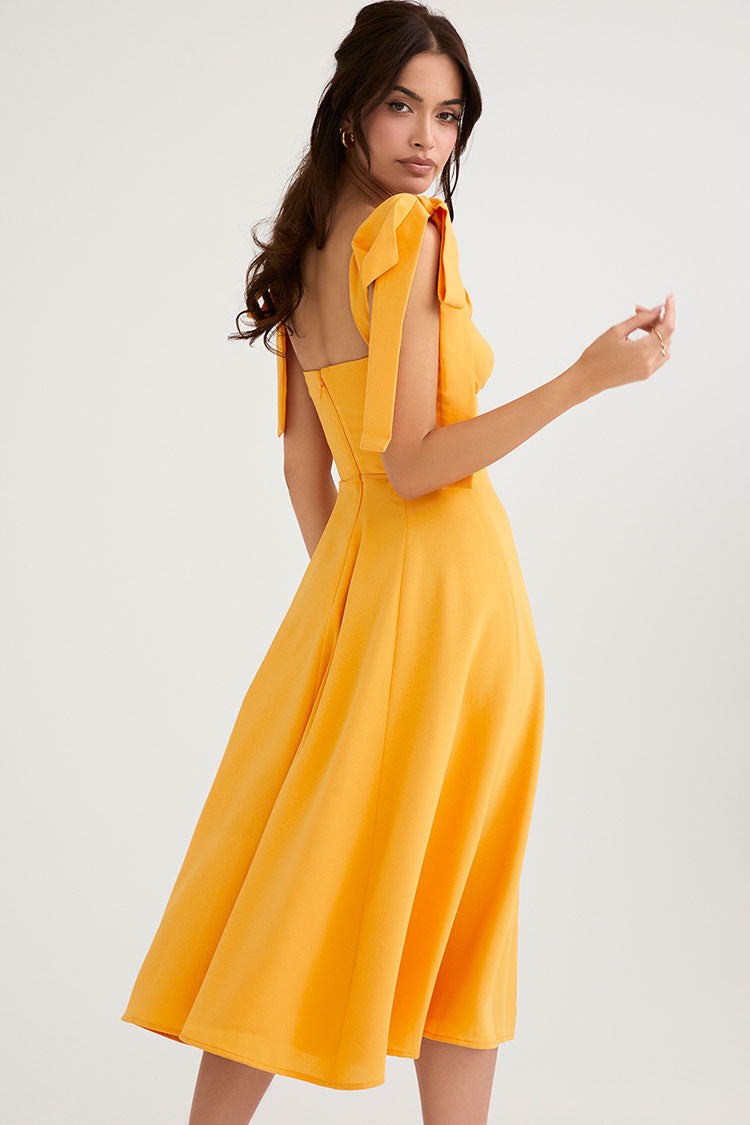 Sweetheart Ruched Bow-Shoulder Tie Strap High Slit Midi Dress