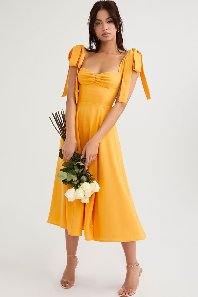 Sweetheart Ruched Bow-Shoulder Tie Strap High Slit Midi Dress