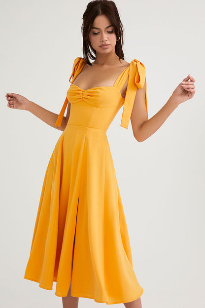 Sweetheart Ruched Bow-Shoulder Tie Strap High Slit Midi Dress