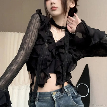Transparent V-neck Flared Sleeve Blouse