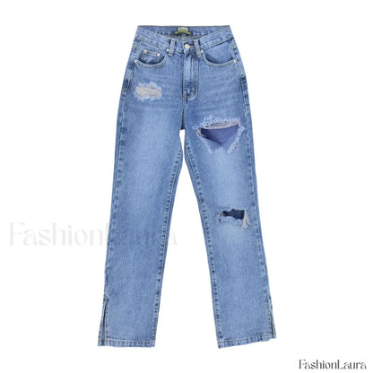 Trendy Cut Out High Waist Side Slit Wide Leg Jeans - Blue