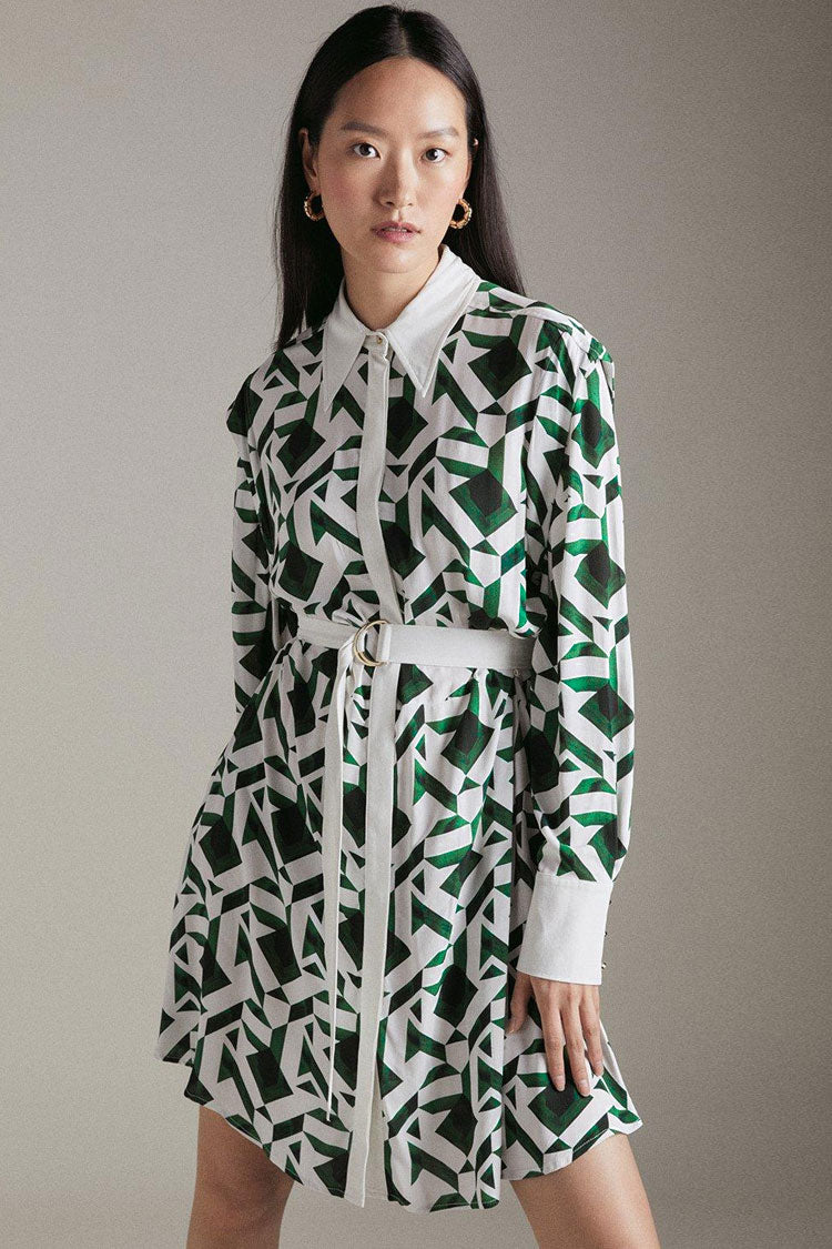 Geometric Print Contrast Collar Belted Long Sleeve Mini Shirt Dress