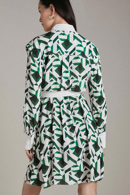 Geometric Print Contrast Collar Belted Long Sleeve Mini Shirt Dress