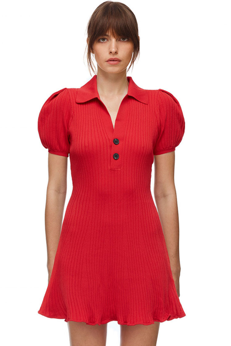Ribbed Knit Polo Collar Puff Sleeve Fit and Flare Mini Dress