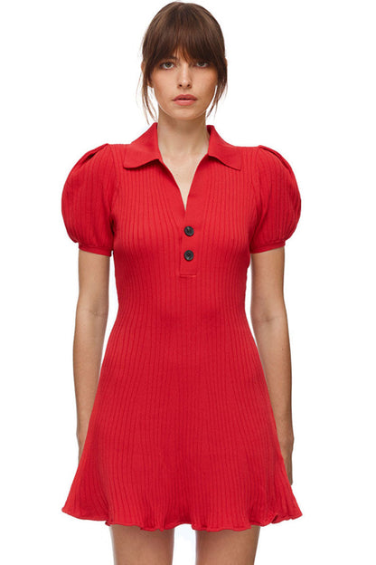 Ribbed Knit Polo Collar Puff Sleeve Fit and Flare Mini Dress