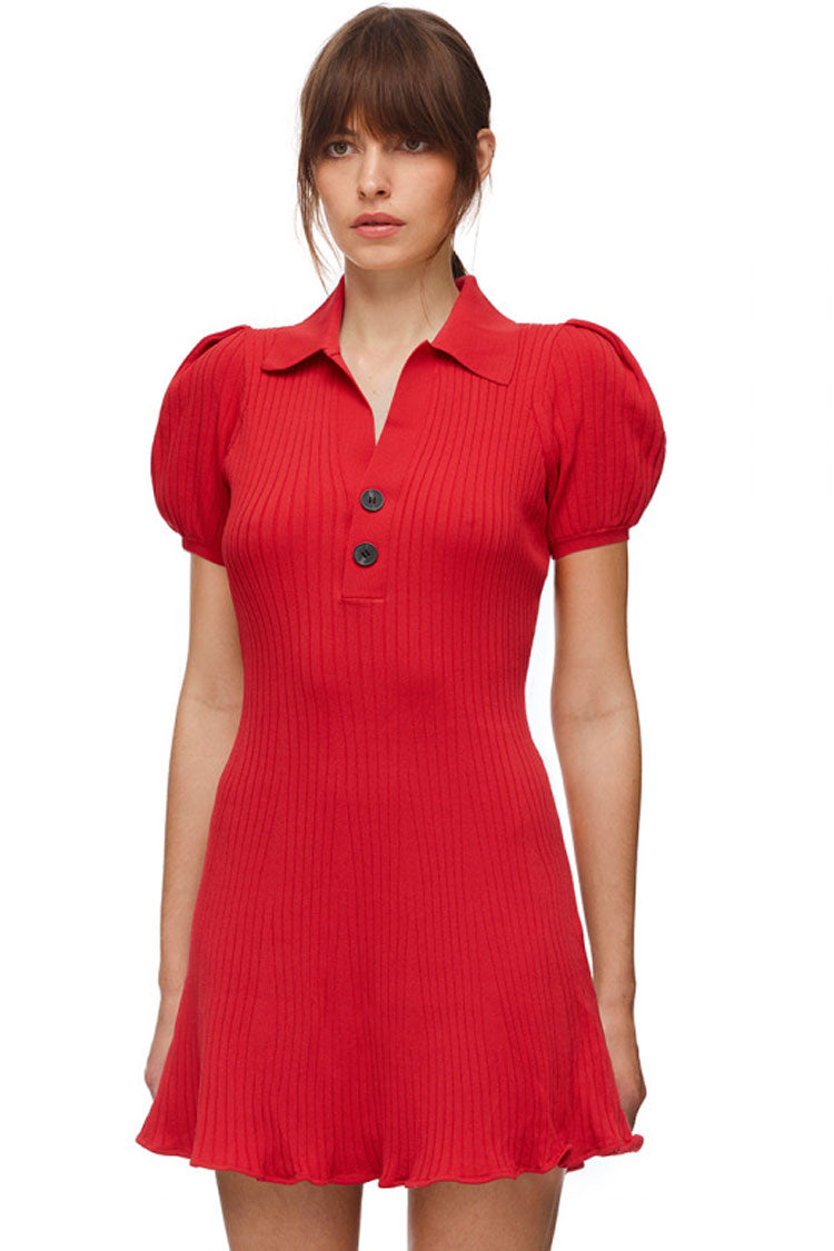 Ribbed Knit Polo Collar Puff Sleeve Fit and Flare Mini Dress