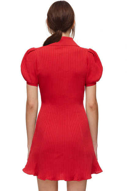 Ribbed Knit Polo Collar Puff Sleeve Fit and Flare Mini Dress
