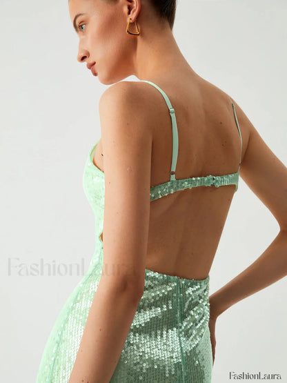 Triggered Sequin Open Trendy Back Long Dress