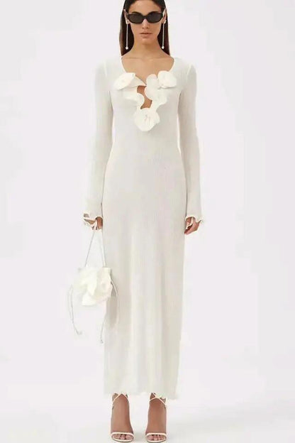 3D Fabric Rosette Appliqué Scoop Neck Ribbed Column Maxi Dress