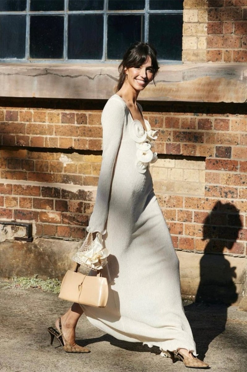 3D Fabric Rosette Appliqué Scoop Neck Ribbed Column Maxi Dress