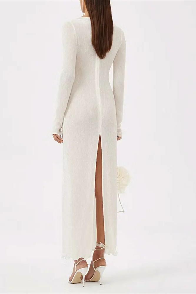 3D Fabric Rosette Appliqué Scoop Neck Ribbed Column Maxi Dress