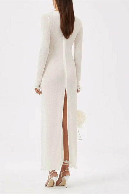 3D Fabric Rosette Appliqué Scoop Neck Ribbed Column Maxi Dress