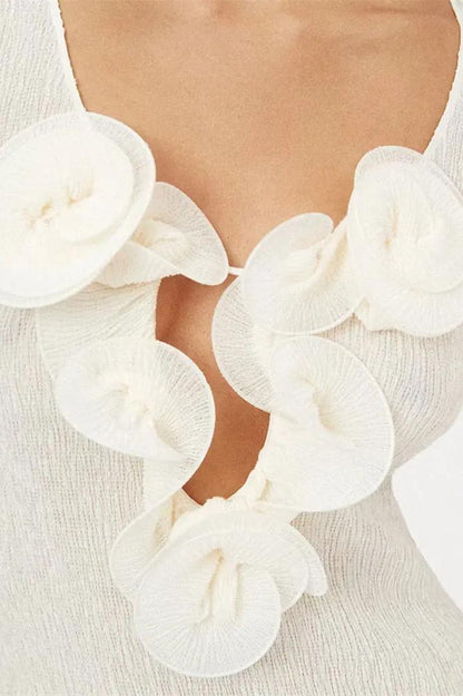 3D Fabric Rosette Appliqué Scoop Neck Ribbed Column Maxi Dress