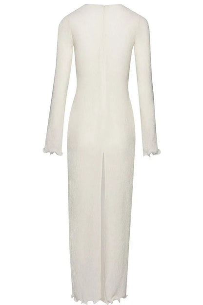3D Fabric Rosette Appliqué Scoop Neck Ribbed Column Maxi Dress