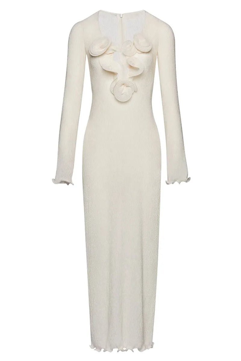 3D Fabric Rosette Appliqué Scoop Neck Ribbed Column Maxi Dress