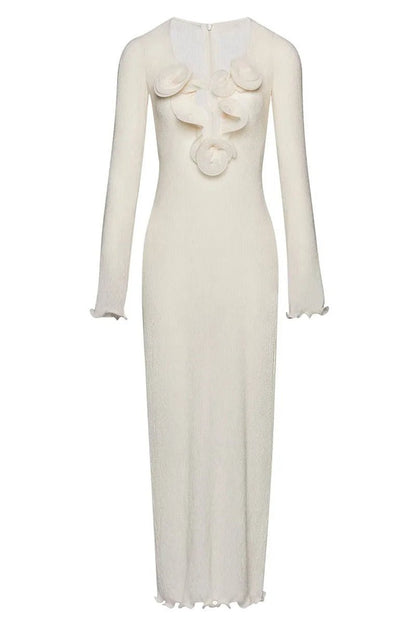 3D Fabric Rosette Appliqué Scoop Neck Ribbed Column Maxi Dress