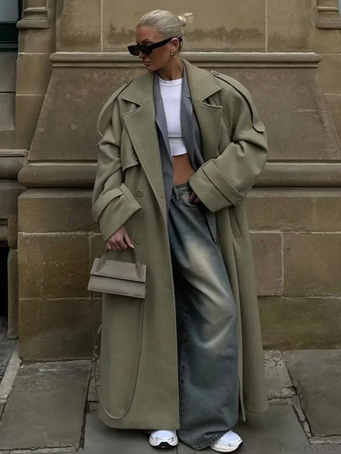 Turn-Down Collar Lace-Up Loose Overcoat