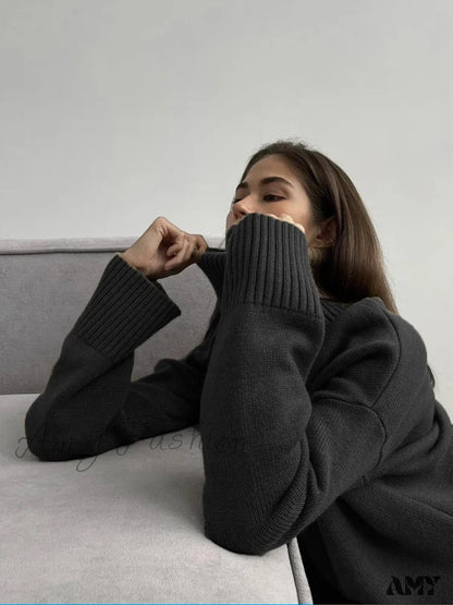 Turtle Neck Autumn Winter Women Soft Warm Basic Knitted Split Pullover Loose Casual Sweater