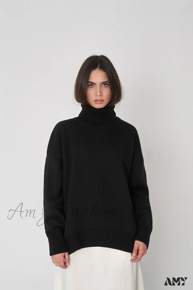 Turtleneck Autumn Winter Knit Oversized Loose Casual Solid Sweater