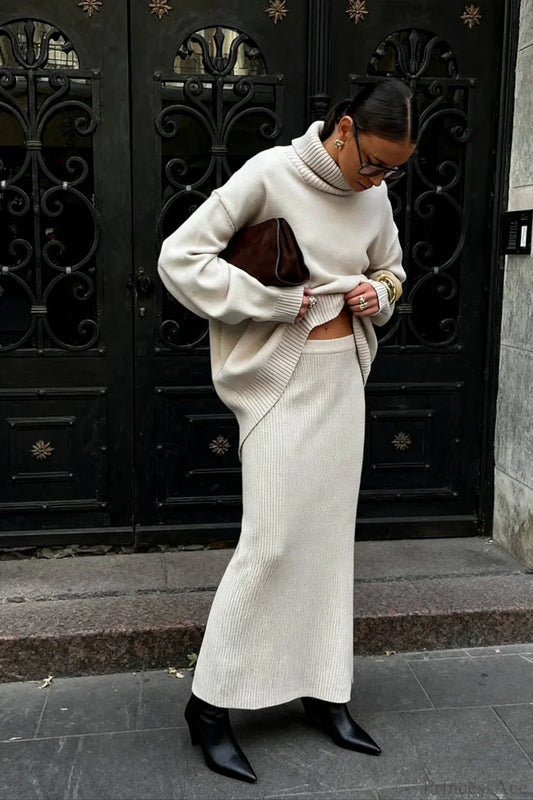 Turtleneck Knit Sweater Maxi Dress Two Piece Set