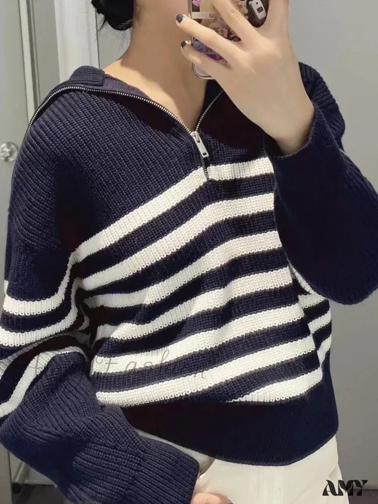 Turtleneck Loose Lapel Striped Casual Fashion Simplicity Sweater
