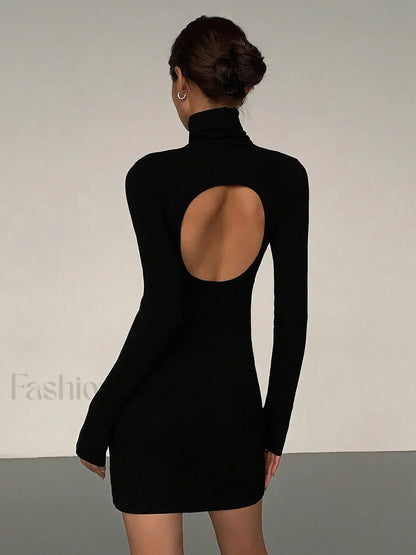 Turtleneck Open Back Trendy Long Sleeve Short Dress