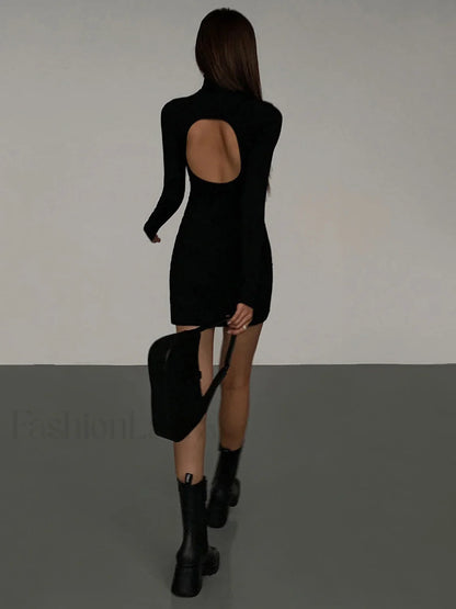 Turtleneck Open Back Trendy Long Sleeve Short Dress