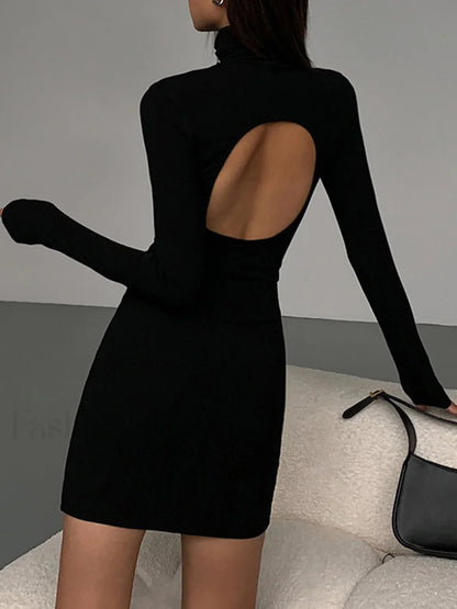 Turtleneck Open Back Trendy Long Sleeve Short Dress