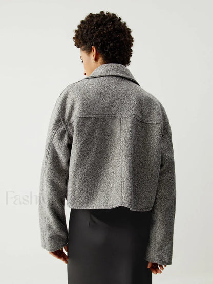Tweed Open Collar Trendy Zip Up Crop Jacket