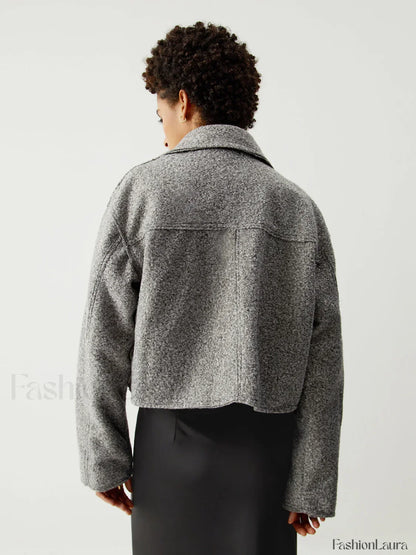 Tweed Open Collar Trendy Zip Up Crop Jacket