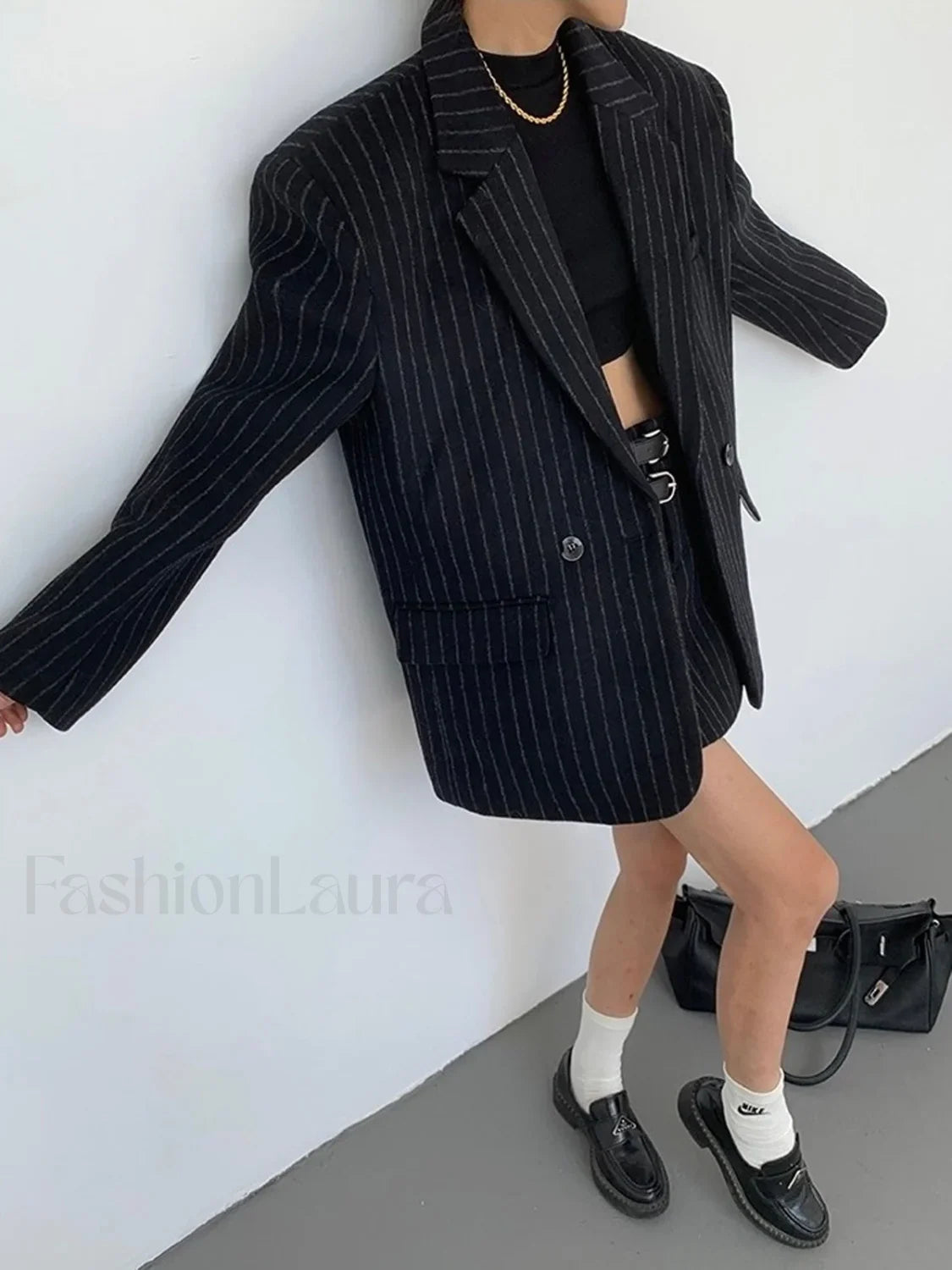 Tweed Pinstripe Graceful Oversized Blazer