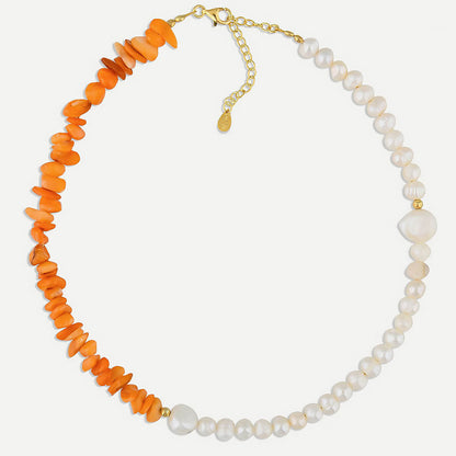 Two Tone Gold Plated Natural Stone Pearl Beaded Choker Necklace