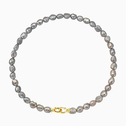 Gray Baroque Freshwater Pearl Choker Necklace with Double Clasp and Two Tone Design