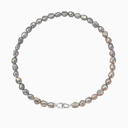 Gray Baroque Freshwater Pearl Choker Necklace with Double Clasp and Two Tone Design