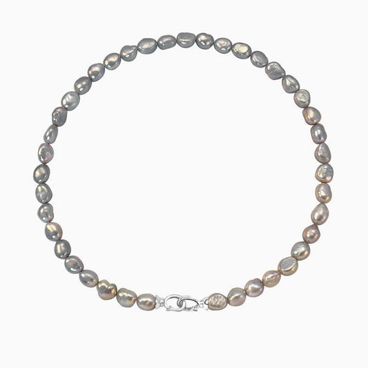 Gray Baroque Freshwater Pearl Choker Necklace with Double Clasp and Two Tone Design