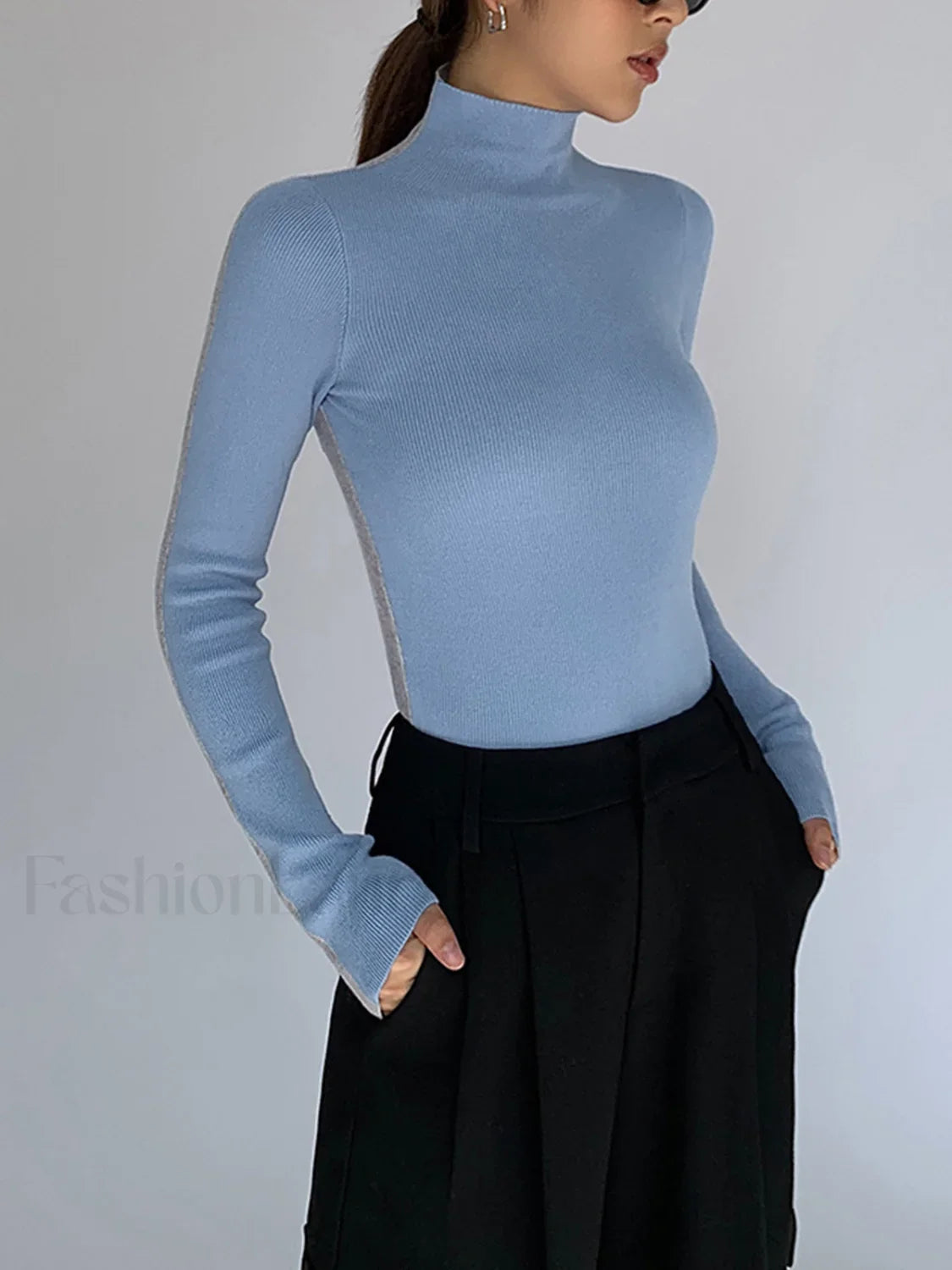 Two Tone Double Sided Modern Long Sleeve Knit Top