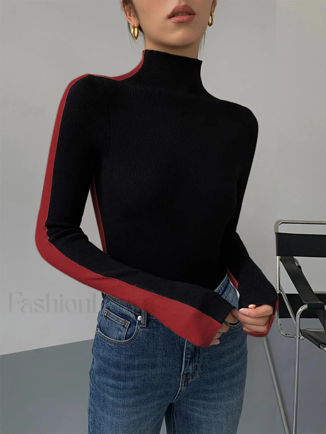 Two Tone Double Sided Modern Long Sleeve Knit Top