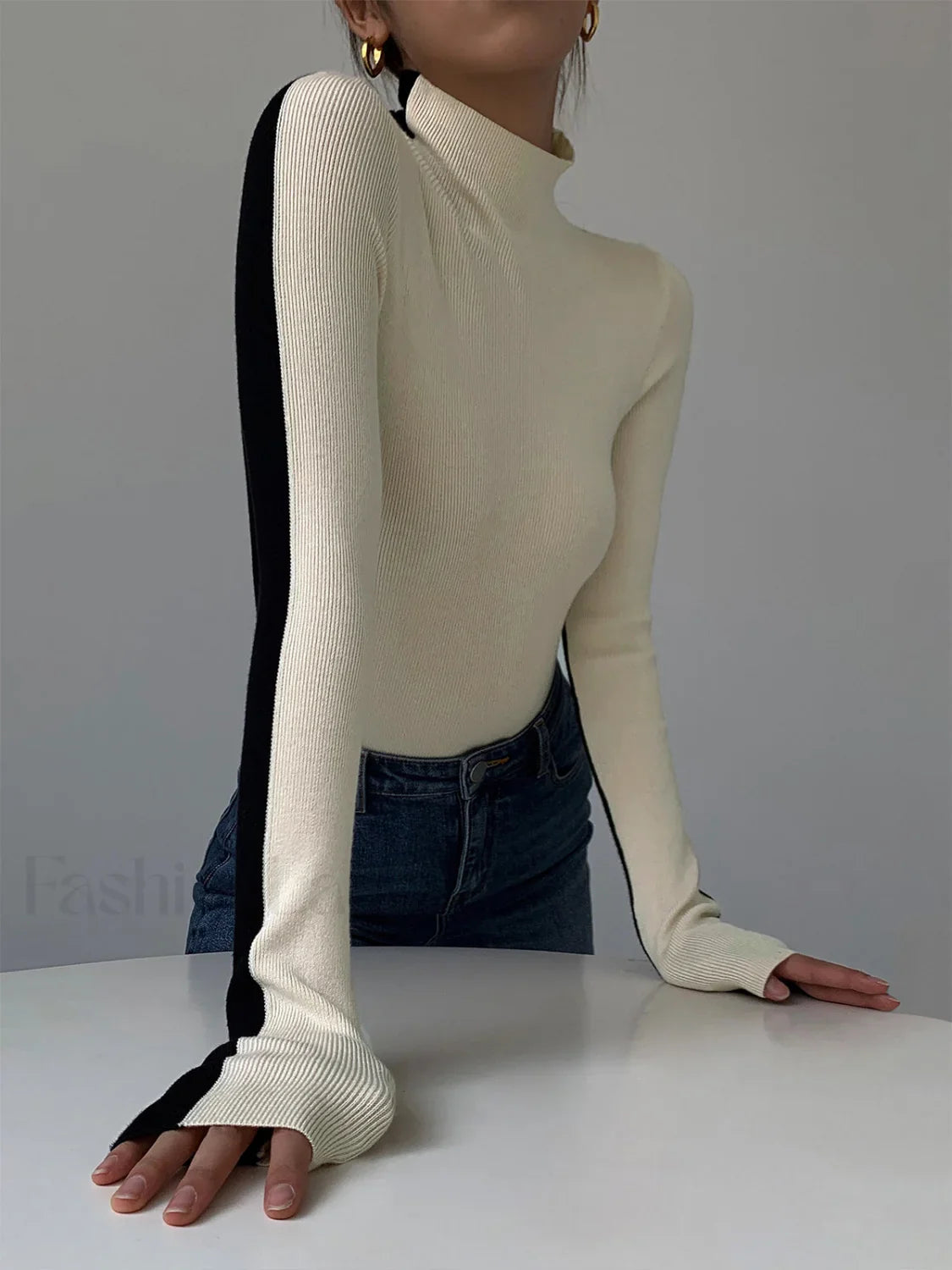 Two Tone Double Sided Modern Long Sleeve Knit Top