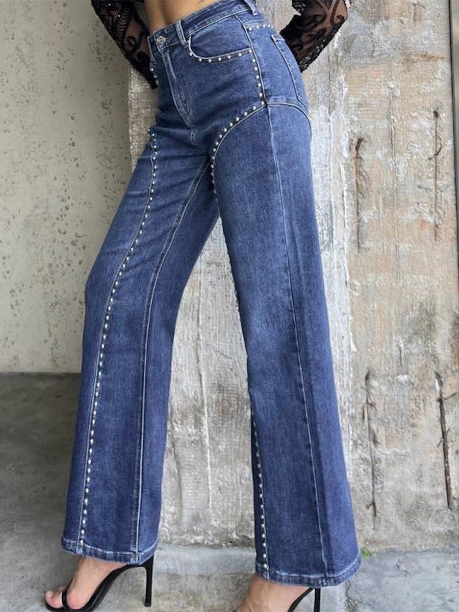 Studded Straight Leg Jeans For Women - Medium Wash Retro Rivet Detail Wide Leg Denim - Spring Night Out Fashion 2026