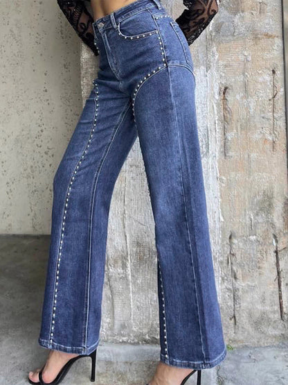 Studded Straight Leg Jeans For Women - Medium Wash Retro Rivet Detail Wide Leg Denim - Spring Night Out Fashion 2026
