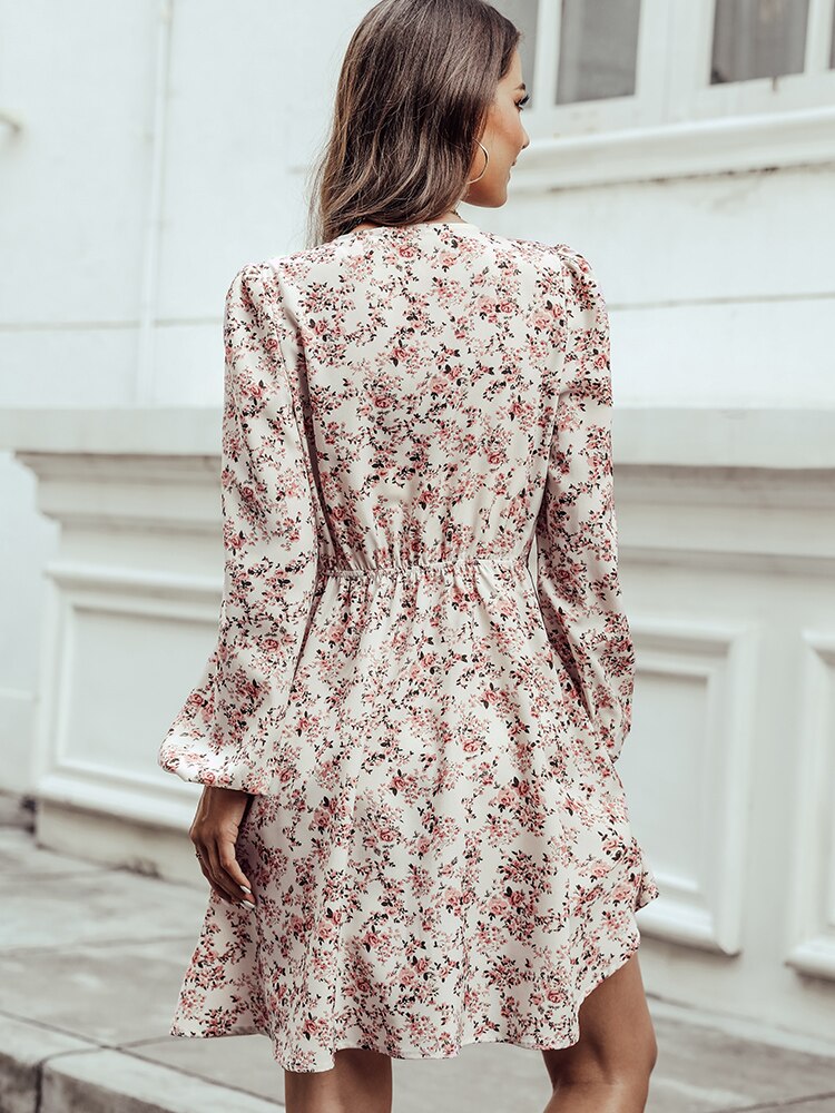 Ditsy Floral Square-Back Long Puff Sleeve Smocked Waist A-Line Mini Dress