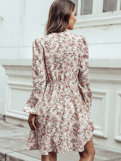 Ditsy Floral Square-Back Long Puff Sleeve Smocked Waist A-Line Mini Dress