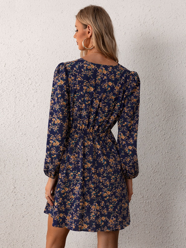 Ditsy Floral Square-Back Long Puff Sleeve Smocked Waist A-Line Mini Dress