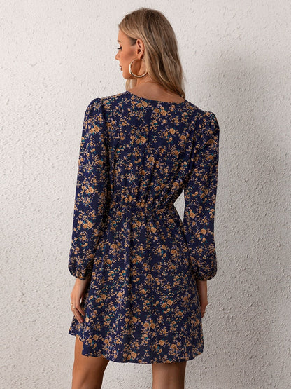Ditsy Floral Square-Back Long Puff Sleeve Smocked Waist A-Line Mini Dress