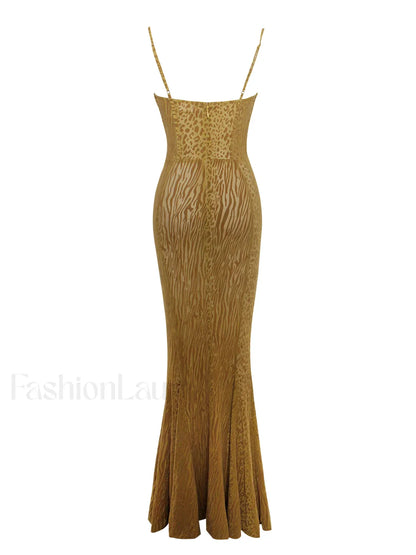 Ulani Gold Burnout Velvet Graceful Detail Mesh Maxi Dress