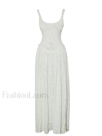 Ulissa Light Green Square Neck Trendy Jacquard Textured High Slit Maxi Dress